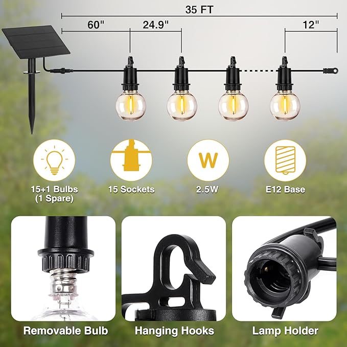 ZJOJO 35FT Solar String Lights Outdoor Waterproof, G40 Globe Patio Lights Solar Powered Outdoor String Lights with 15 2700K Shatterproof Bulbs Hanging Lights for Porch Garden Backyard Pergola Bistro