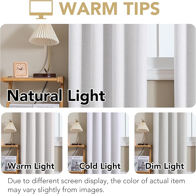H.VERSAILTEX Linen Curtains 100% Blackout Curtains for Bedroom 63 inch Long Full Light Blocking Nature Linen Blended Window Curtains for Living Room Nickel Grommet (2 Panels, Heathered White)