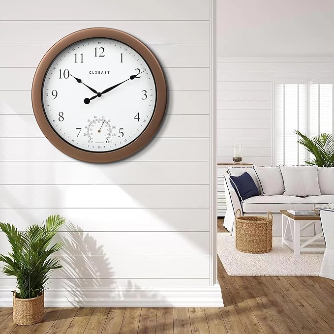 CLXEAST 10.4 Inch Indoor Outdoor Clocks Waterproof,Outdoor Clock with Temperature for Bathroom,Kitchen, Patio,Pool,Bronze/Dark Brown Finish,House Warming Gifts New Home