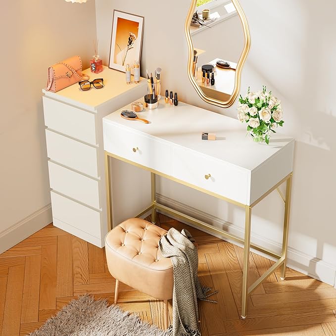 SUPERJARE 31.5" White and Gold Desk with 2 Drawers, Modern Vanity Desk, Small Makeup Table for Home Office Writing Study Bedroom