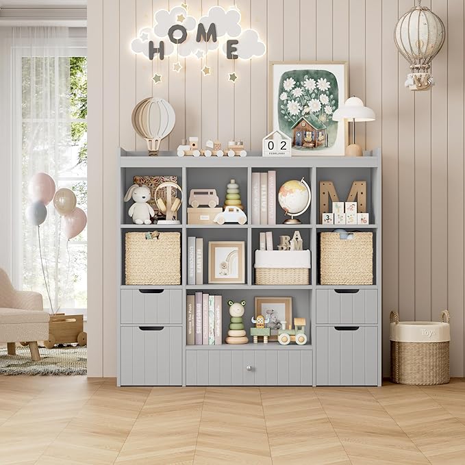 HORSTORS 48" W Kids Toy Storage Organizer, Large Toy Storage Chest with Removable Bins, 46" H Kids Bookshelf and Bookcase with Drawers for Boys and Girls, Modern Toy Box for Playroom, Classroom, Grey
