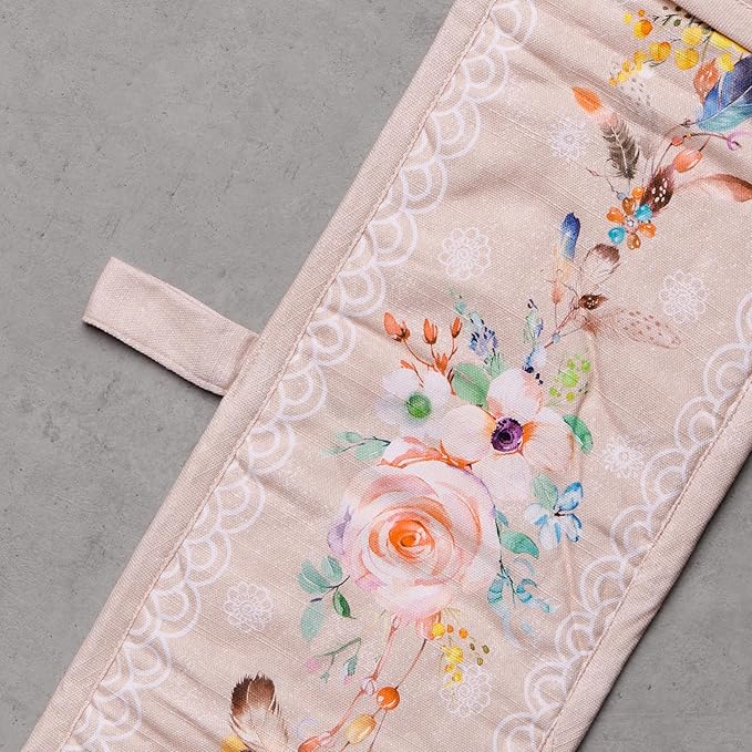 Maison d' Hermine Double Oven Mitts 100% Cotton 7"x35" Double Oven Mitt Heat Resistant BBQ Cooking Gloves with Loop, Baking, Grilling, Home, Kitchen, Handling Hot Pans Spring Summer (Ibiza - Beige)