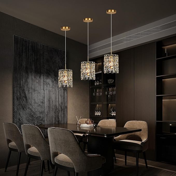 Modern K9 Crystal Pendant Lights Kitchen Island Set of 3,Gold Chandeliers for Dining Room Light Fixtures Over Table,Hanging Chandelier for Kitchen Island Entryway Bathroom BedHead Bedroom