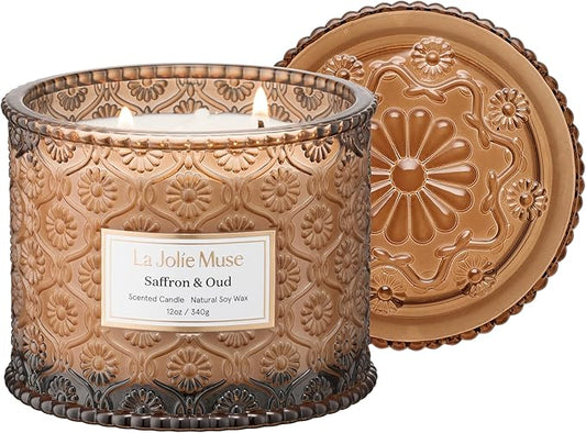 LA JOLIE MUSE Saffron & Oud Scented Candle, Candles for Home Scented, Large 2-Wick Soy Candles, Luxury Jar Candle Gifts for Women & Men, 60 Hours Long Burning, 12oz