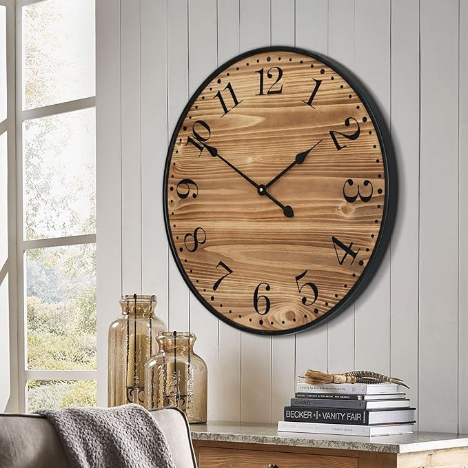 Rustic Farmhouse Wall Clocks for Living Room Decor, Large 24 inch Wall Clock with Dark Brown Wooden Face and Black Metal Frame, Silent Battery Operated for Kitchen Bedroom Entryway