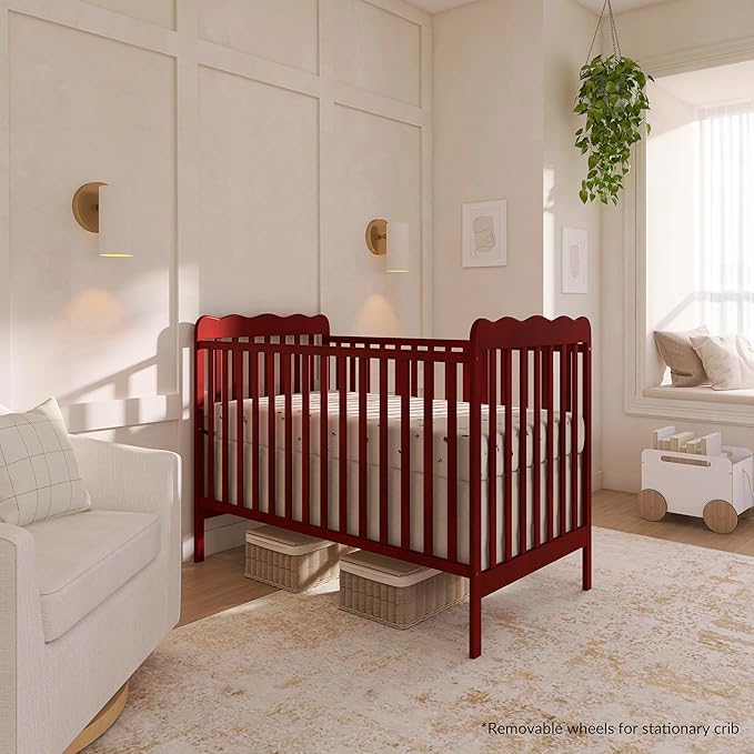 Dream On Me Carson Classic 3-in-1 Convertible Full-Size Baby Crib in Cherry, GreenGuard Gold & JPMA, 4 Mattress Heights, Converts to Day & Toddler Bed, Locking Wheels, Classic Nursery Design