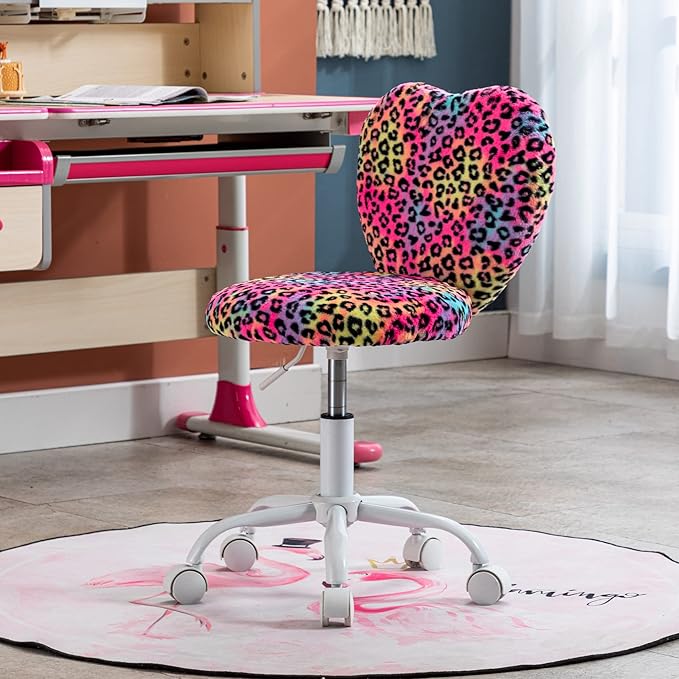 Cute Fuzzy Kids Chair Rolling Study Desk Chair Furry Studing Computer Task Chair Faux Fur Swivel Vanity Chair for Girls Boys Bedroom, Red Leopard