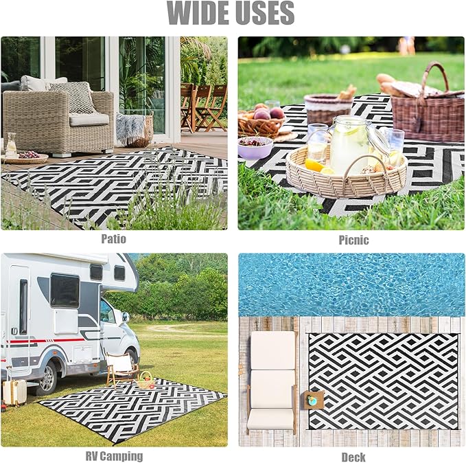 Terrug Outdoor Rug Waterproof 9x12 Ft, Foldable Outdoor Plastic Straw Rug, UV Reversible Patio Rug Decor, Outdoor Area Rug for Camping, RV, Porch, Deck, Backyard, Balcony, Picnic, Black & Light Grey