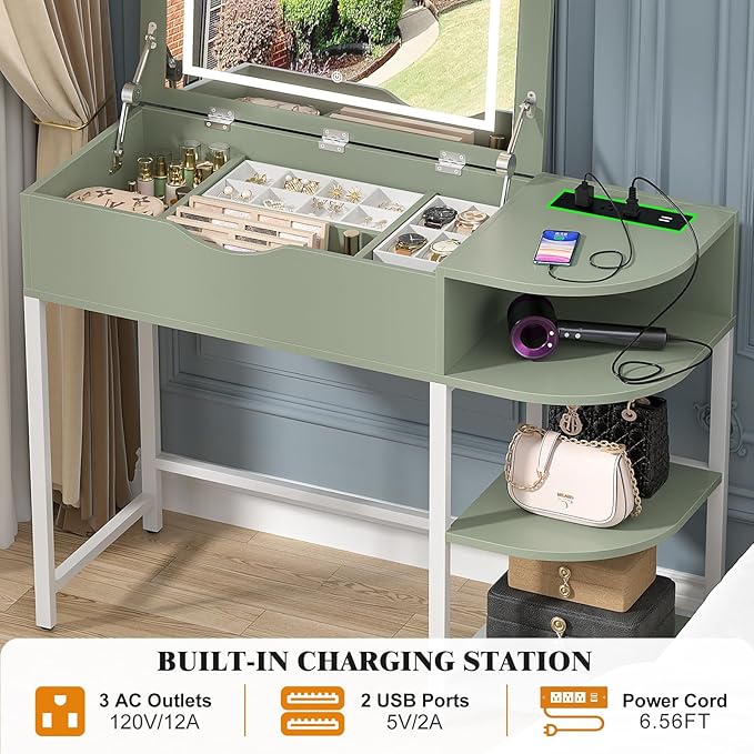 Cyclysio Vanity Desk with Flip Top Mirror and Lights, Makeup Vanity Desk with Drawers, Dressing Table with Storage Shelves & Charging Station, Small Vanity for Small Spaces, Green