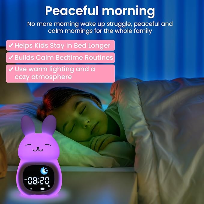 Bumble & Bright Go & Glow Bunny App Control Kids Alarm Clock – Digital Sleep Trainer with USB-C Corded, 8 Night Light Colors, 6 Soothing Sounds, 12/24H Routine Trainer, Gift for Boys & Girls