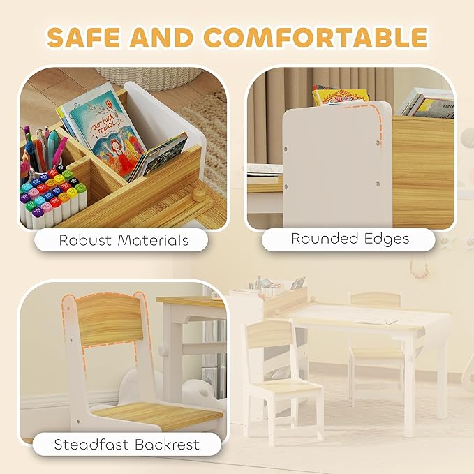 Qaba Kids Art Table & Easel Chair Set with Paper Roll, Toddler Desk and Chairs Set with Storage Shelves and Drawers, Activity Craft and Play Table for Writing Drawing Aged 3-8 Years Old, Natural Wood
