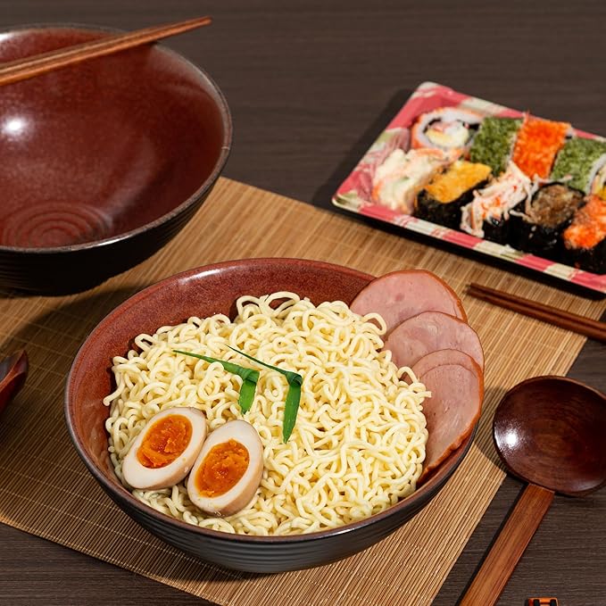 8 Inch Ceramic Ramen Bowl Set of 2, 40oz Japanese Bowls with Spoons & Chopsticks,Durable,Microwave & Dishwasher Safe,Perfect for Ramen,Pho,Salad,Soup,Noodles,Mixing bowls(Carnelian)