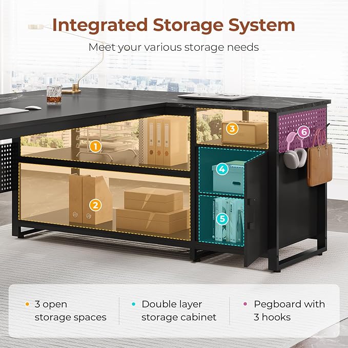71" Executive Desk, Reversible L Shaped Desk with Mobile File Cabinet & Power Outlets, Large Office Desk with Drawers, Storage Shelves, Hooks, Corner Computer Desk for Home Office (Black)