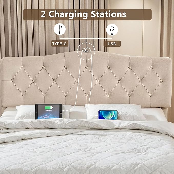 VECELO Queen Size Platform Bed Frame with 4 Storage Drawers,Fabric Upholstered Headboard and Wooden Slats Support,Built-in USB and Type C Ports, No Box Spring Needed,Easy Assembly