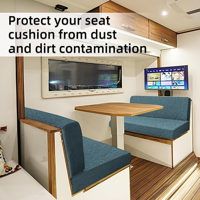 RV Dinette Cushion Covers - Jacquard Stretchable Camper Cushion Slipcovers, 2 Backrest & 2 Bench Covers (Leaves, Blue)