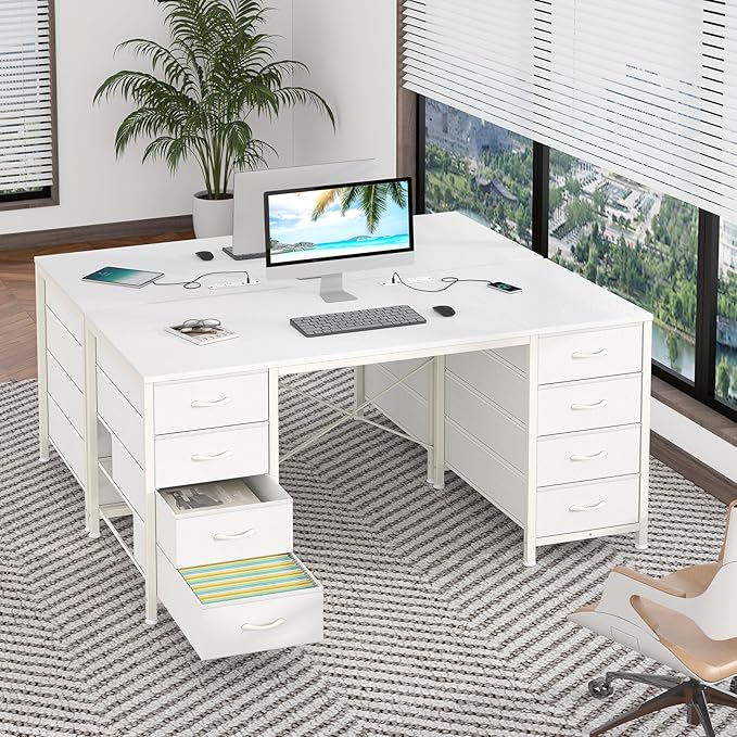 50 Inch White Computer Desk with 8 Drawers, Home Office Desk with Power Outlets, Work Study Gaming Desk with 8 Fabric Drawers, White