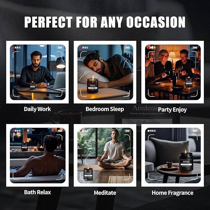 Mens Candle Set β Manly Candles for Men, 4 Pack Soy Candles for Home Scented, Masculine Candle Gift Set - Includes Sandalwood Leather, Whiskey Tobacco, Amber Patchouli & Vintage Oak