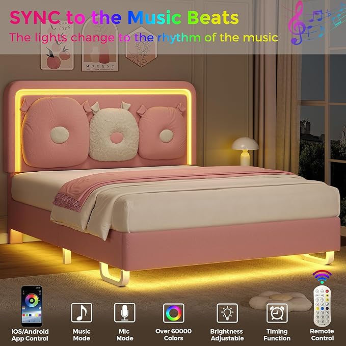 Full Size Upholstered Bed Frame with LED Lights, Girls Bed with Adjustable Chic Double Headboard, Boucle Princess Platform Bed for Girls, Solid Wood Slats Support, No Box Spring Needed, Pink