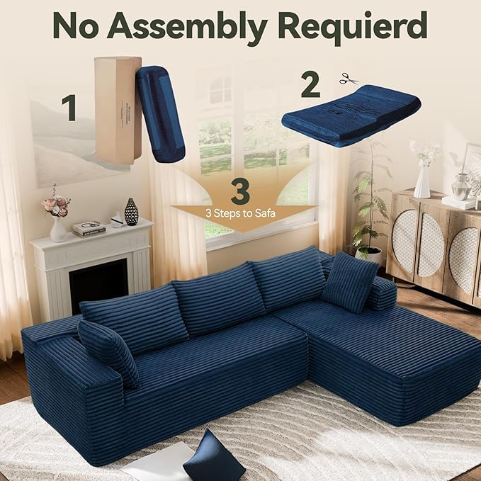 Modern Cloud Modular Sectional Sofa with Chaise, 106" L-Shaped Sofa Couch for Living Room, Deep Seat Plush Boneless Couches, Includes Pillows, Left Chaise, Blue