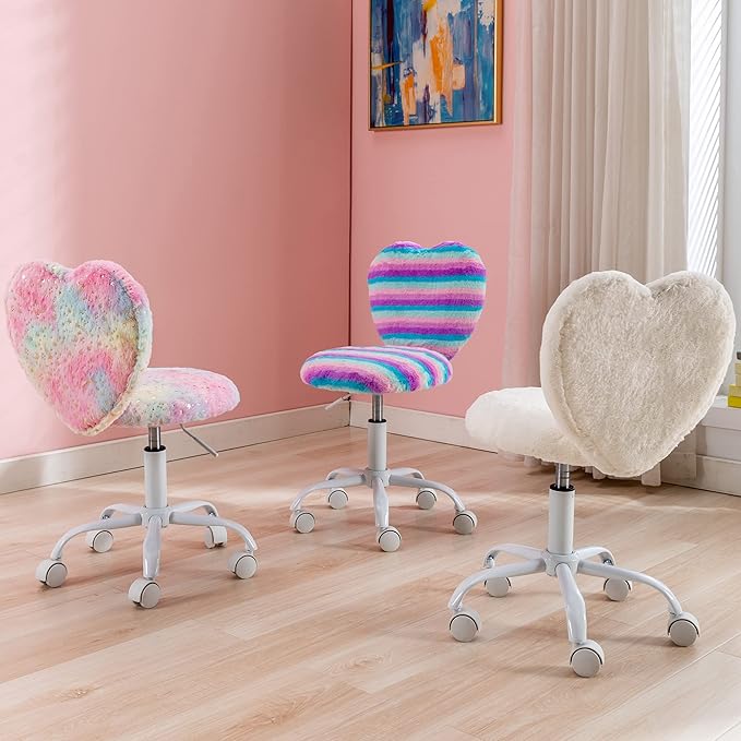 Small Kids Chair, Cute Heart Girls Desk Chair, Rolling Study Chairs Furry Pink Computer Chairs, Faux Fur Swivel Vanity Chairs for Children Bedroom/Study, Colorful