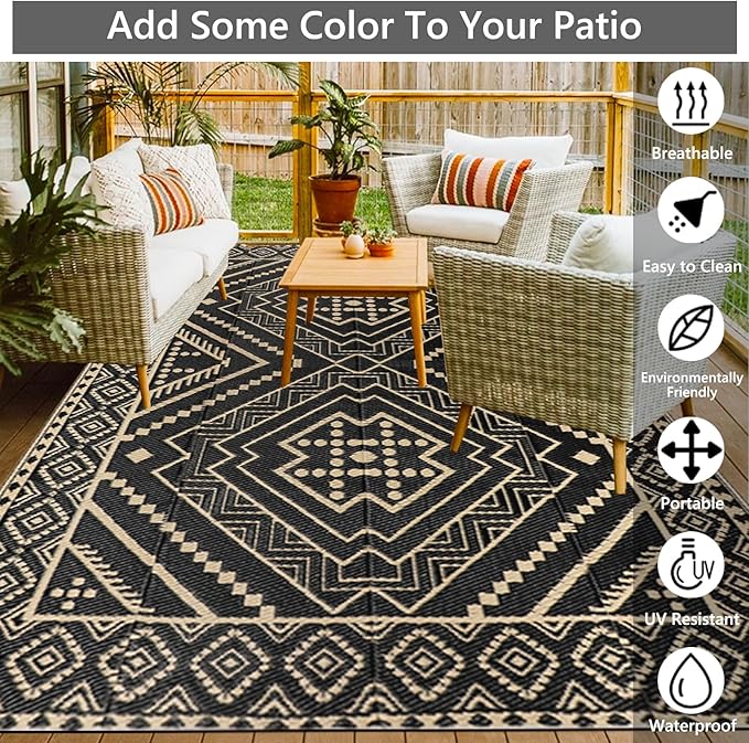 Waterproof Outdoor Rug 5x8 ft, Reversible Plastic Straw Mat, Large Floor Mat for Patio, Camping, Picnic, Backyard RV, Deck, Black