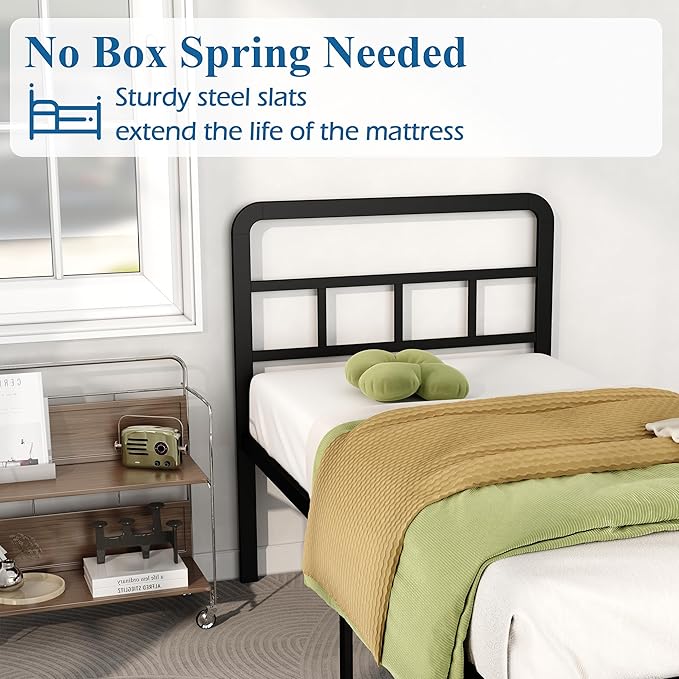 Twin Bed Frames with Headboard 18 Inch, Metal Platform No Box Spring Needed Heavy Duty Steel Slat Mattress Foundation/Easy Assembly/Noise Free/Black