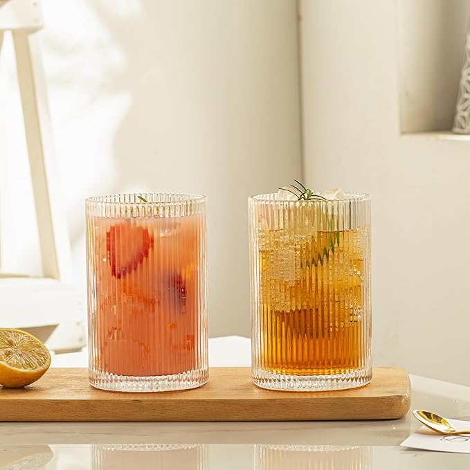 Vintage Ribbed Glassware Set: 6pcs 16.9oz XL Drinking Glasses, Fluted Ripple Drinkware, Origami Style, Elegant Glassware for Whiskey, Cocktail, Iced Coffee, Juice, Beer, Soda