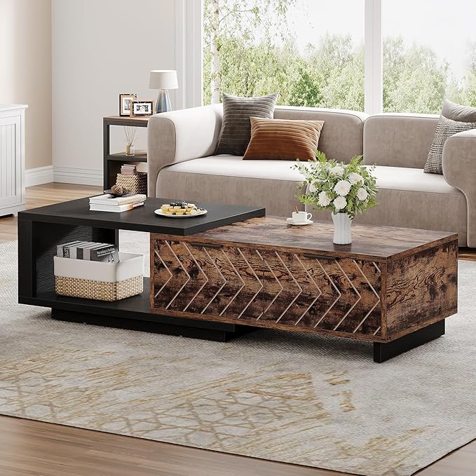 Tribesigns Extendable Coffee Table with 2 Storage Drawers, Dual-Tone Center Table with Sliding Tabletop, Multi-Functional Wooden Rectangle Cocktail Table for Living Room (Black & Rustic Brown)