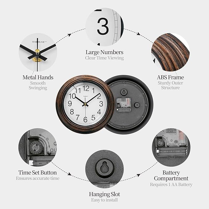 TAHEAT 8.5 Inch Wall Clock, Battery Operated Silent Non Ticking - Vintage Gold Copper Kitchen Clock for Living Room, Bedroom, Office, Bathroom - Easy to Read Retro Decorative Wall Clocks