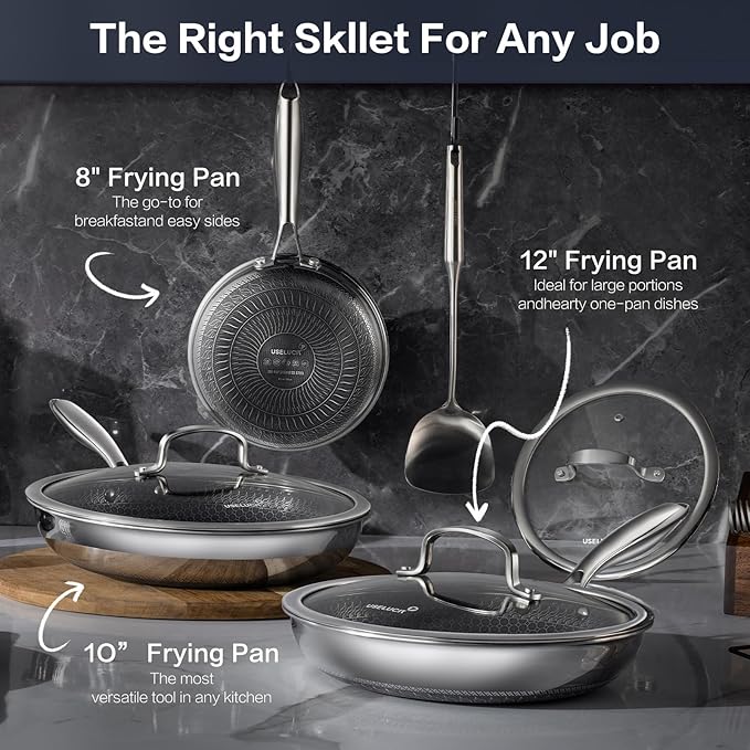Non Stick Frying Pan Set, 8, 10 and 12-Inch Hybrid Non Toxic Fry Skillet with Lids, Dishwasher and Oven Safe, Induction Ready, Silver Kitchen Cookware set (7-Piece Pan Set)