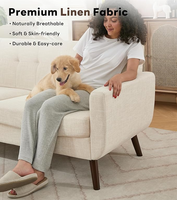 Tbfit 77.2" W Linen Sofa Couch, Mid Century Modern Decor Loveseat Couches for Living Room, Button Tufted Upholstered Small Couch for Bedroom, Solid, and Easy to Install Love Seats Furniture, Beige