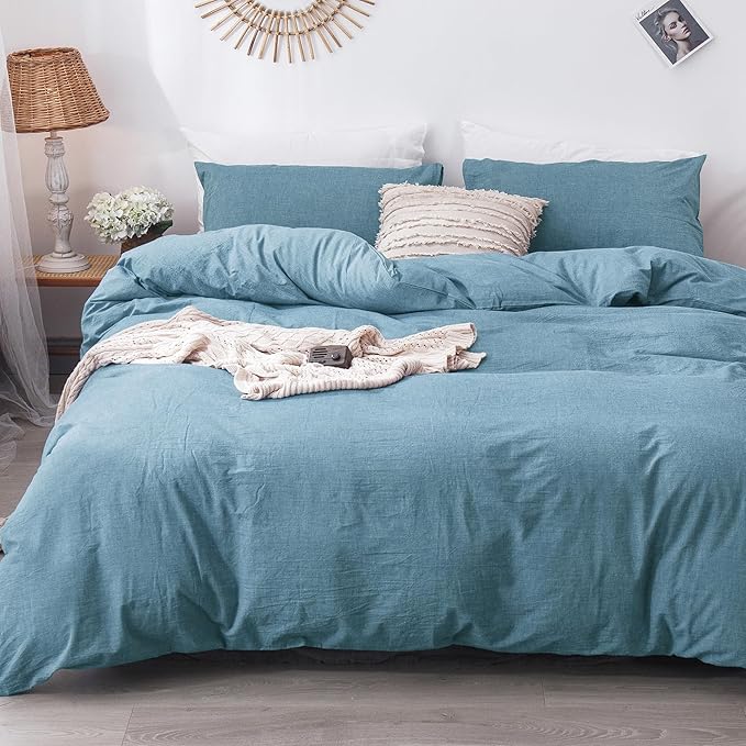 MooMee Bedding Duvet Cover Set 100% Washed Cotton Linen Like Textured Breathable Durable Soft Comfy (Heathered Peacock Blue, Twin 68"x90")