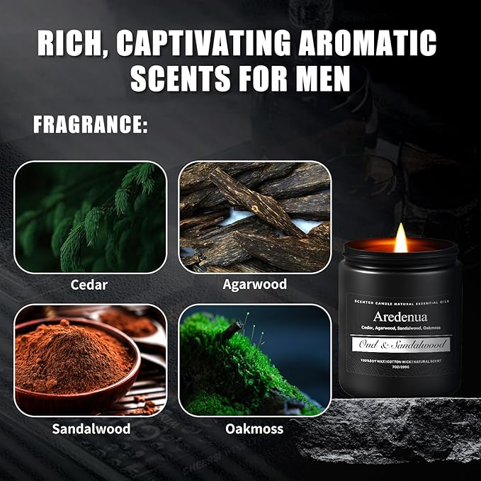 Oud & Sandalwood Candle, Manly Scented Candles for Men, Masculine Candle, Aromatherapy Gifts for Men - 7oz Soy Candles for Home Scented, 50 Hours Burn Time, Perfect for Relaxing Home Fragrance