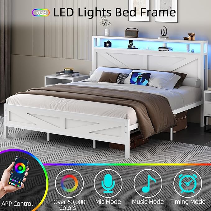 King Bed Frame with LED Lights and Charging Station, Metal Platform Bed King Size with 2-Tier Rustic Barn Door Storage Headboard, Noise-Free, No Box Spring Needed, Easy Assembly, White