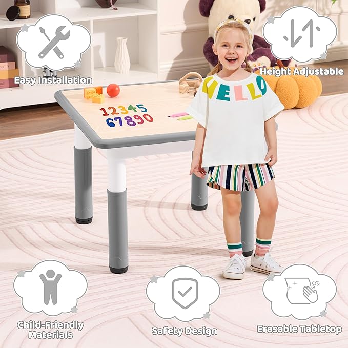 Toddler Table, 7 Level Height Adjustable Kids Play Furniture for Ages 3-8, Rectangular Plastic, 23.6" W x23.6 L, Multi-Activity Desk with Graffiti Desktop for Home & Daycare