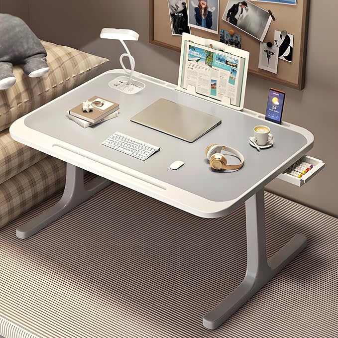 Laptop Bed Tray Table, Lap Desk with Night Lamp, Storage Drawer, Phone Charging Function, Foldable Laptop Bed Desk Laptop Workstation, Laptop Tables for Bed, a Children's Bed Table Grey