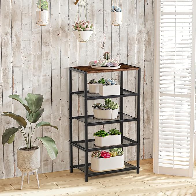 Metal 5 Tier Shoe Rack for Front Door Entrance, Entryway, and Closet Shoe Organizer with 4 Sturdy Metal Mesh Shelves and Wooden Top, Holds 10 Pairs, Ideal for Storage or Display