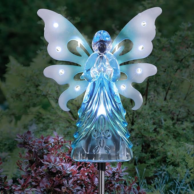 Exhart Garden Solar Lights, Decorative Angel Garden Stake, 13 LEDs, Cute Yard and Pathway Decor, Blue, 7 x 40 Inch