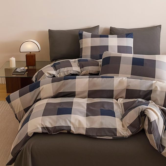 Blue Checkered Comforter Set Twin Size Blue, Gray, Beige and White Three-Color Bedding Soft Bedding Simple and Modern Bedroom Decoration