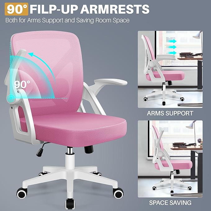 FelixKing Office Chair - Ergonomic Desk Chair Breathable Mesh Task Chair with Wheels and Lumbar Support Home Desk Office Chair with Flip up Armrest Rolling Swivel Computer Chair for Home Office Pink