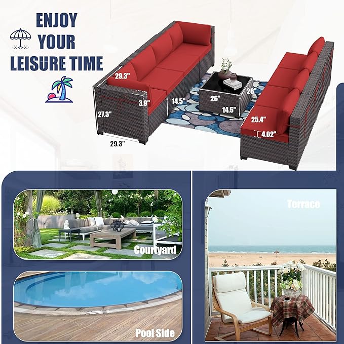 Kurapika 9 Pieces Patio Furniture Set, Rattan Wicker Outdoor Conversation Sets w/4in Cushion and Glass Coffee Table(Red)