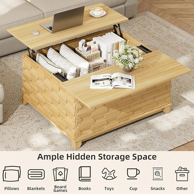 31.5'' Lift Top Coffee Table with Storage, Square Coffee Table for Living Room with Hidden Storage, Foldable Table with Embossed Texture, Dining Table for Coffee, Office, Dining, Natural
