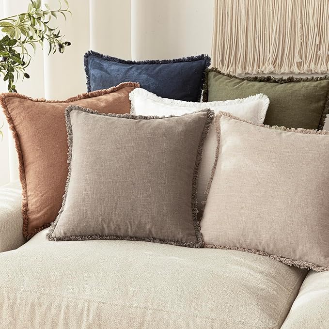 Foindtower Set of 2 Decorative Linen Fringe Lumbar Throw Pillow Covers Boho Farmhouse Cushion Cover with Tassels Soft Accent Pillowcase for Couch Sofa Bed Living Room Home Decor,12×24 Inch,Brown Tan