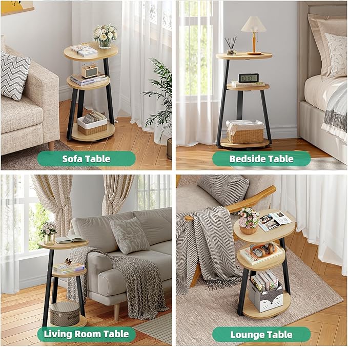 Side Table, Small End Table with Metal Frame, 3-Tier Bedside Tables, Round Side Tables for Living Room Bedroom Couch Bathroom, Oval, Modern Oak