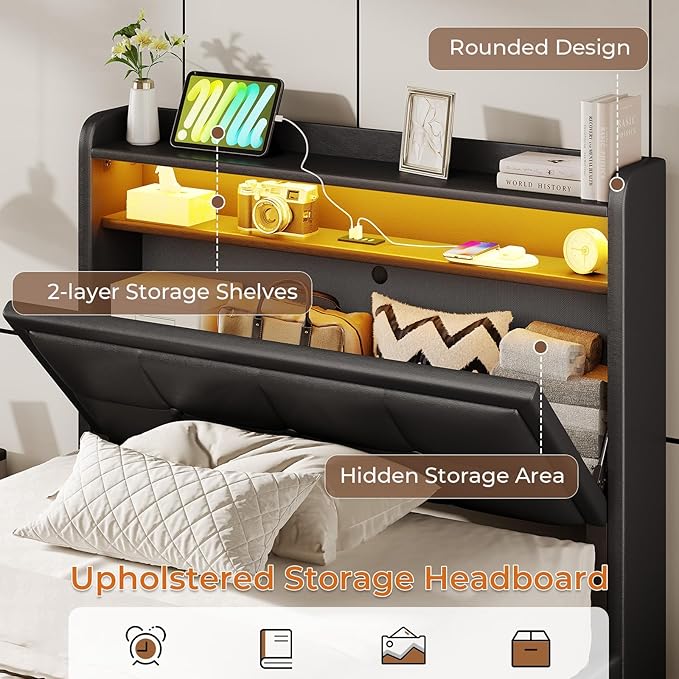 Twin Size Floating Bed Frame with Tufted Storage Headboard, LED Upholstered Platform Bed with 4 Charging Ports, Black Pu Leather Bed, No Box Spring Needed, Wood Slats