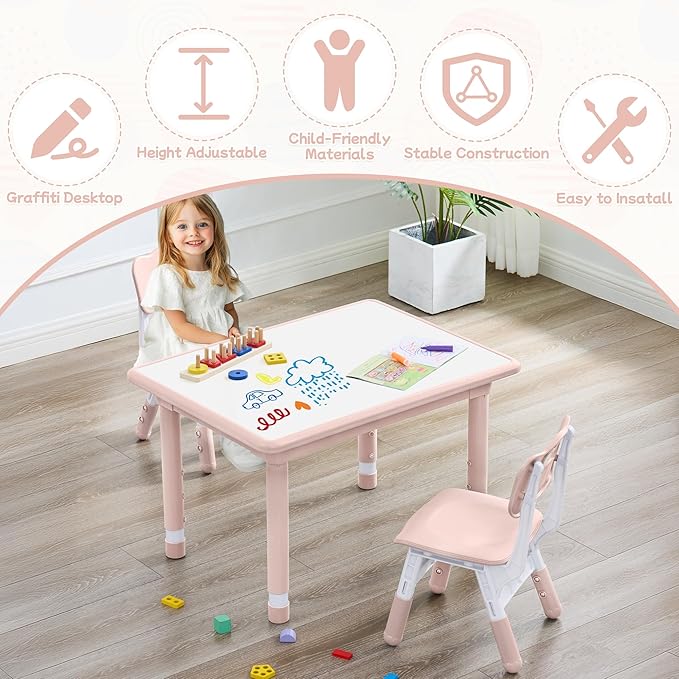 Toddler Table and Chair Set, Height Adjustable-Upgrade Kids Table and 2 Chairs for Ages 3-8, Multi-Activity Toddler Play Table with Graffiti Desktop for Home/Daycare/Classroom