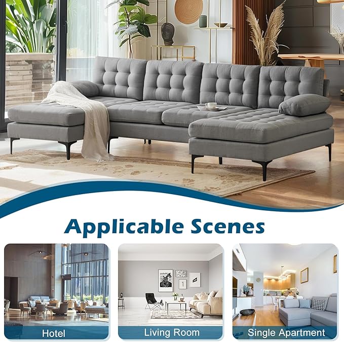 VINGLI 110" Modern U Shaped Sectional Sofa Couch with 51"D Double Chaise for Living Room, Large Tufted Button Couch Sets with 5.9" Thickness Seating Padding for Small Spaces (Light Grey,Tufted Button)