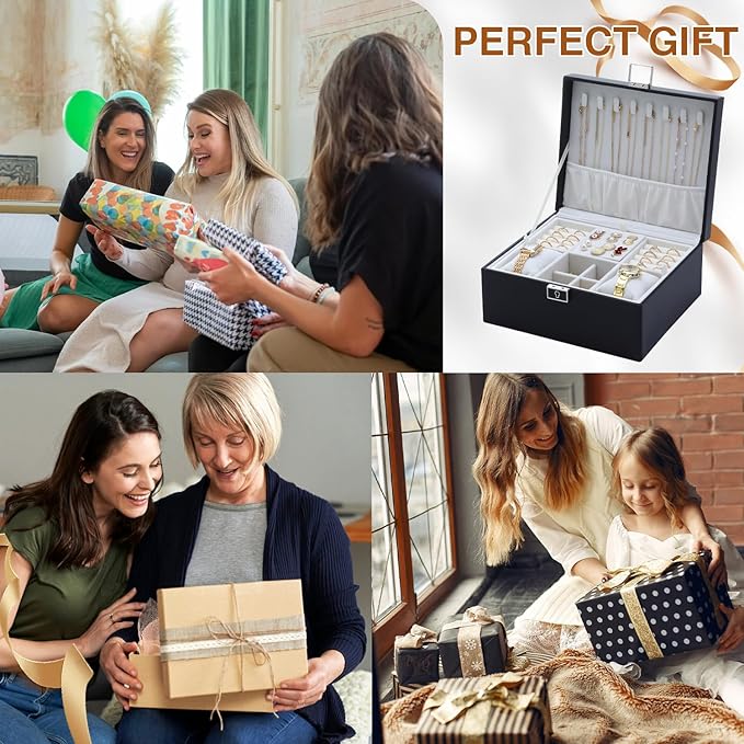 Jewelry Organizer Box for Girls Women,2 Layer Large Genuine Leather Jewelry Organizers and Storage with Lock Removable Velvet Jewelry Tray,Christmas Gifts for Mom,Black