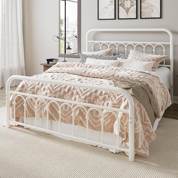 Allewie 14 Inches Full Size Metal Platform Bed Frame with Victorian Style Curved Iron-Art Headboard/Footboard, Metal Slats Support, Easy Assembly, Under Bed Storage, No Box Spring Required, White