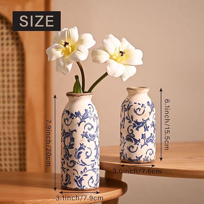 VICTOR & TERESA Blue and White Ceramic Vases Home Decor, Farmhouse Vase for Flowers, Flower Vase Set of 2, Rustic Decorative Vases for Pampas Grass, Table, Living Room, Shelf, Centerpieces, 8 inch